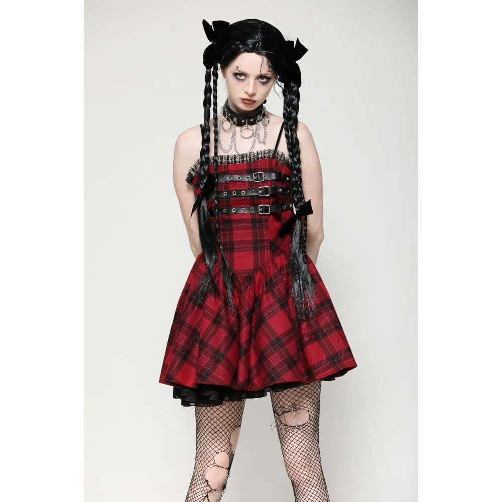 Women's Grunge Pleated Eyelets Plaid Dress Red