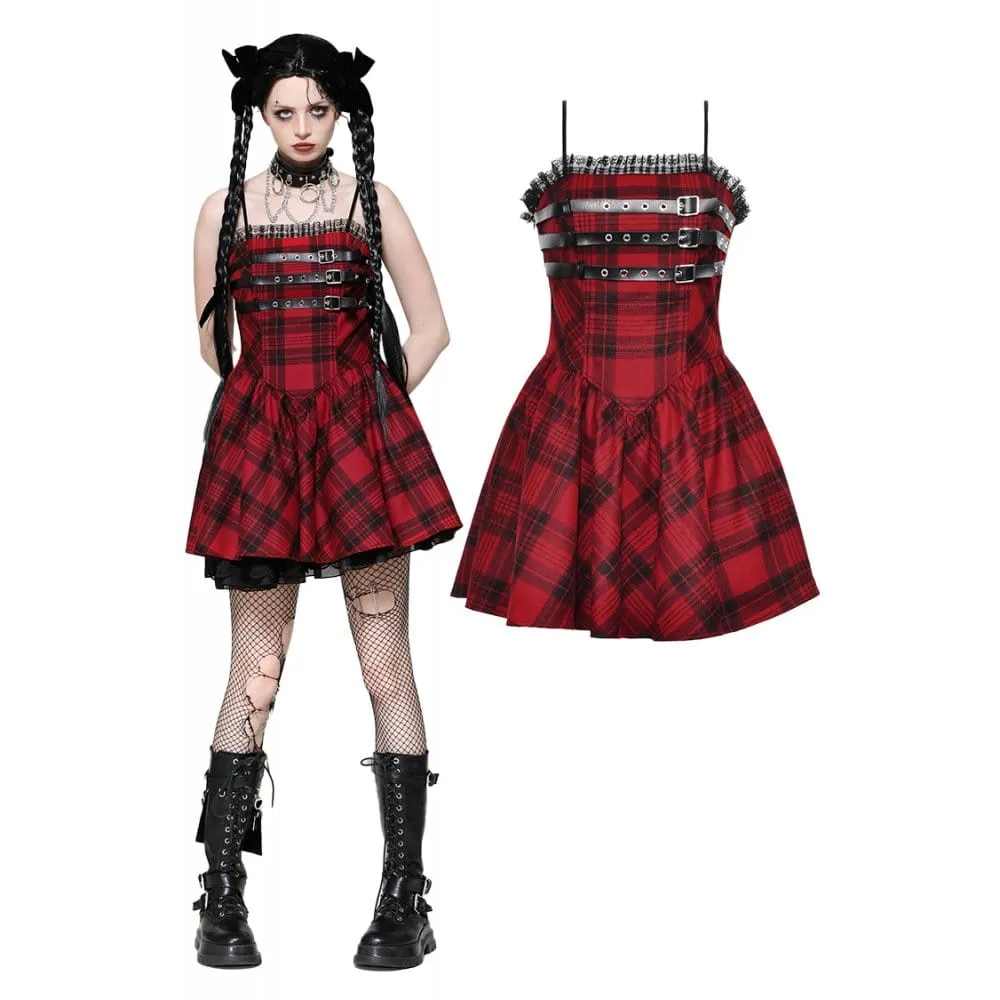 Women's Grunge Pleated Eyelets Plaid Dress Red