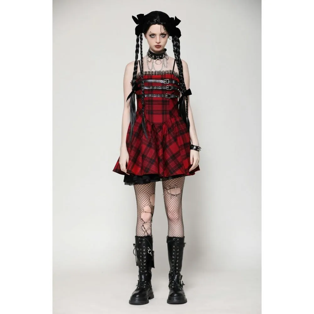 Women's Grunge Pleated Eyelets Plaid Dress Red