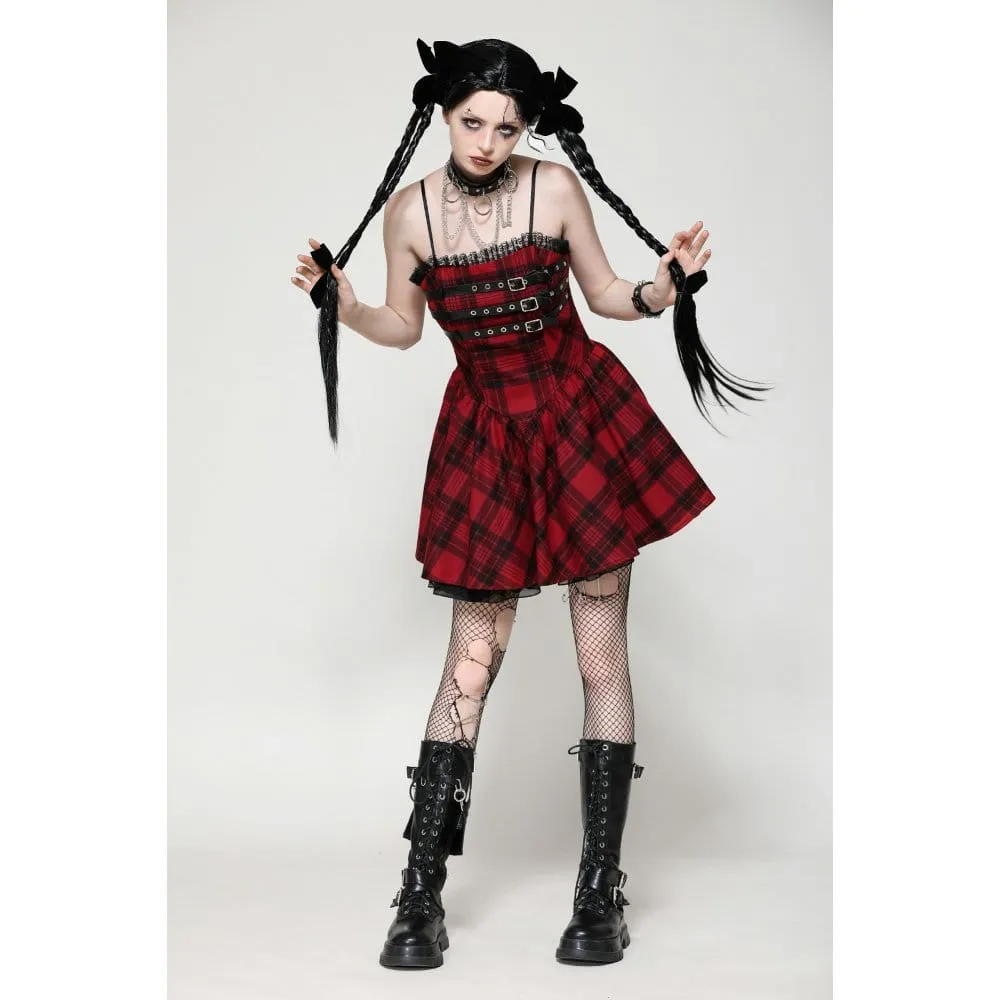 Women's Grunge Pleated Eyelets Plaid Dress Red