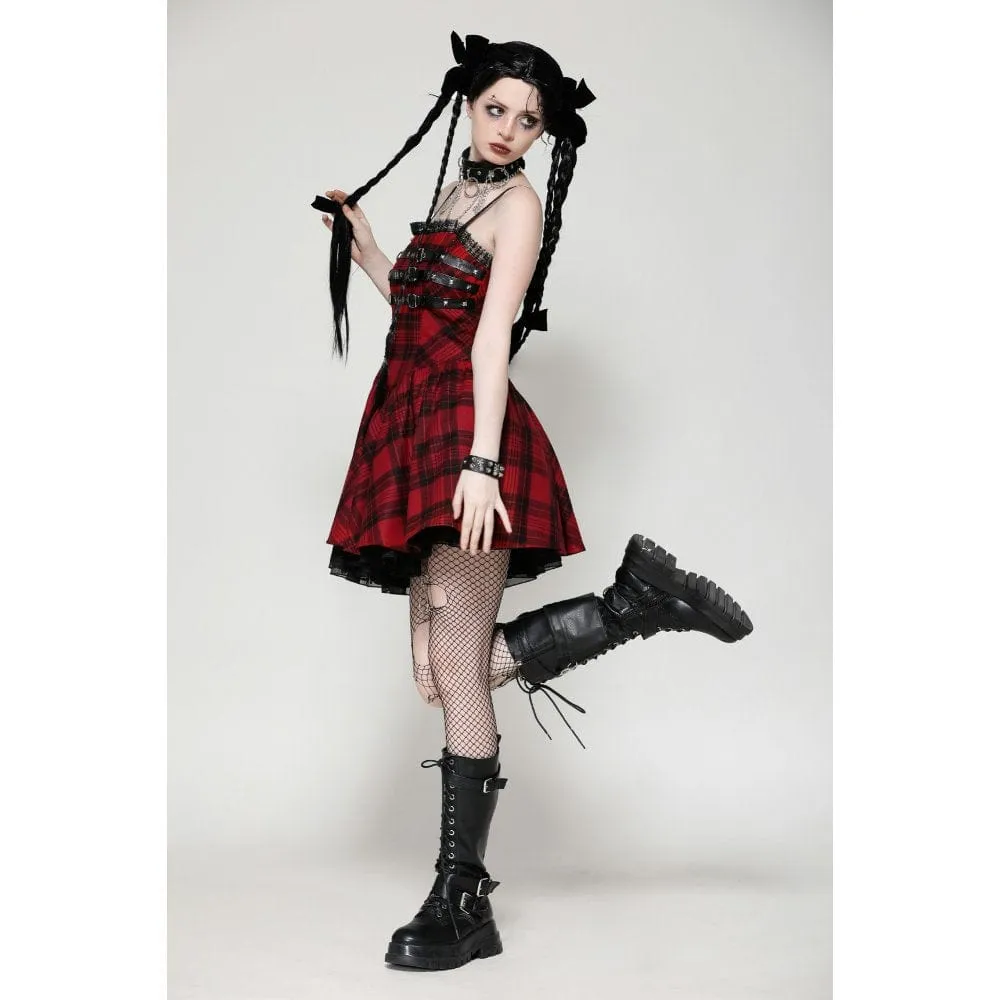 Women's Grunge Pleated Eyelets Plaid Dress Red