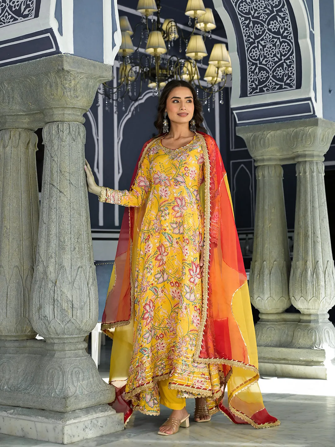 Yellow Floral Printed Anarkali Muslin Kurta Trouser With Dupatta Set