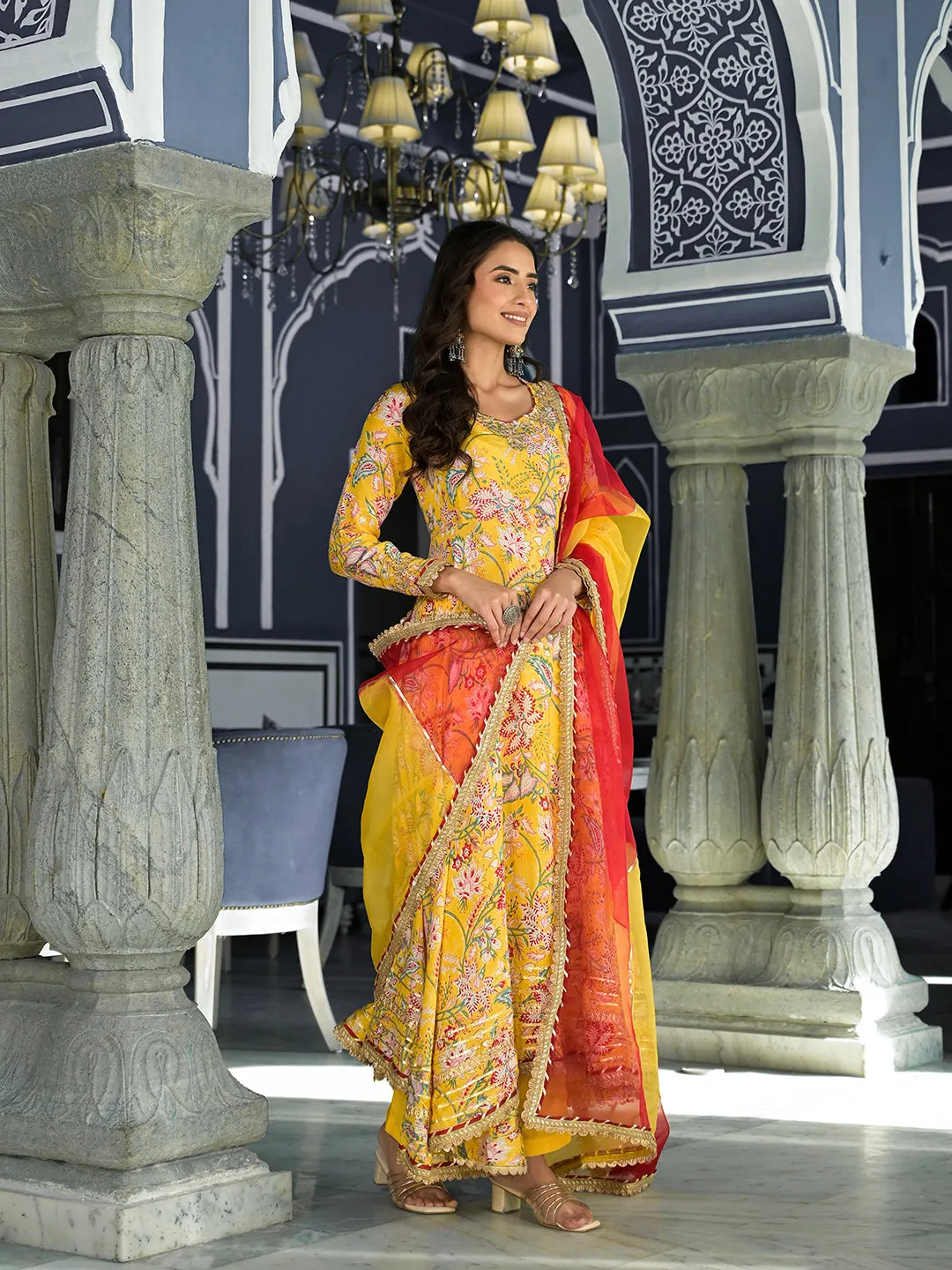 Yellow Floral Printed Anarkali Muslin Kurta Trouser With Dupatta Set