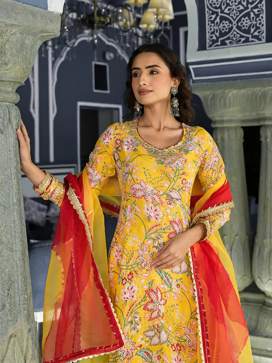 Yellow Floral Printed Anarkali Muslin Kurta Trouser With Dupatta Set