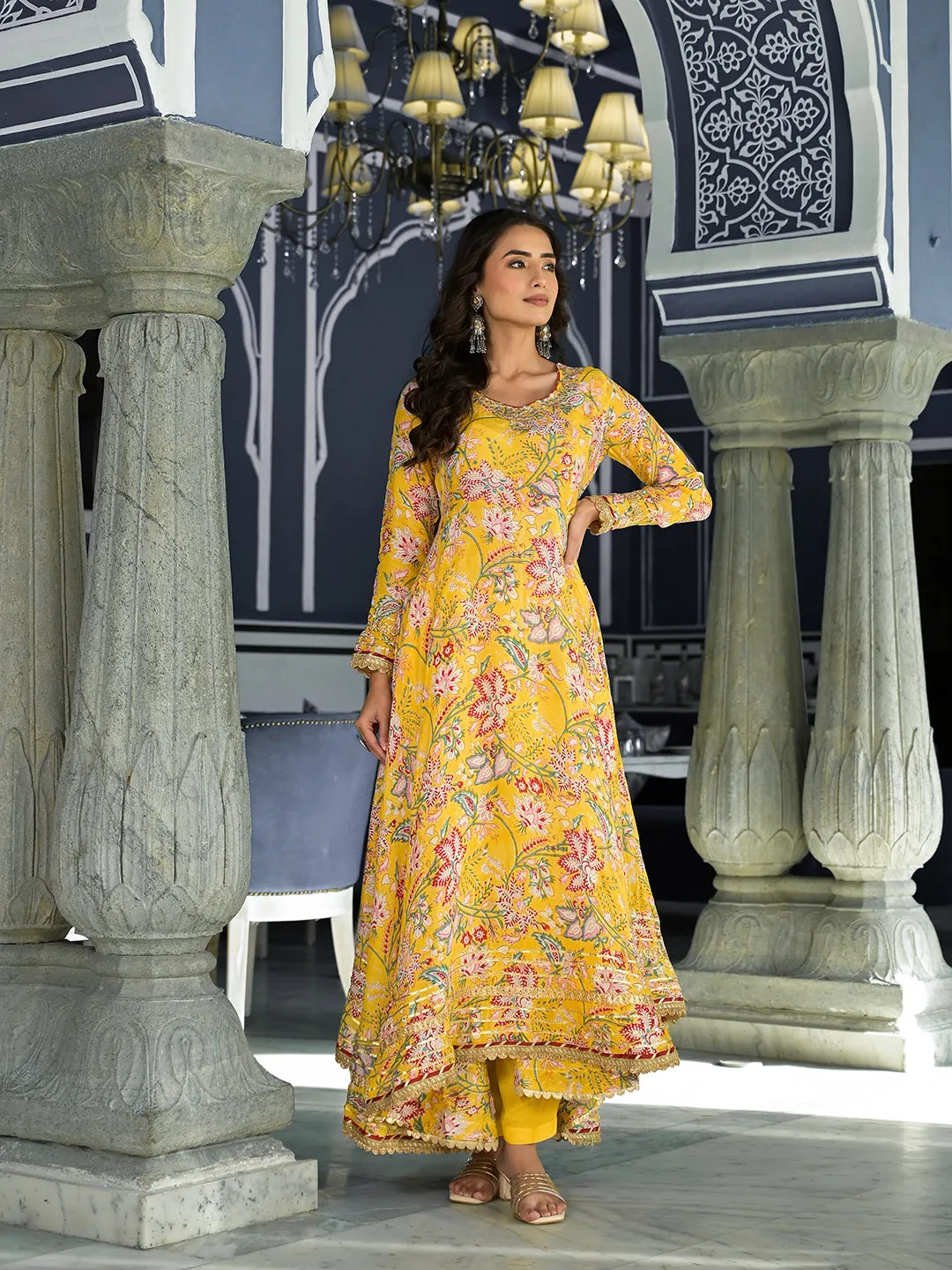 Yellow Floral Printed Anarkali Muslin Kurta Trouser With Dupatta Set