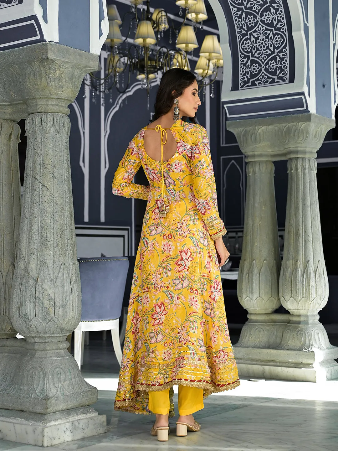 Yellow Floral Printed Anarkali Muslin Kurta Trouser With Dupatta Set